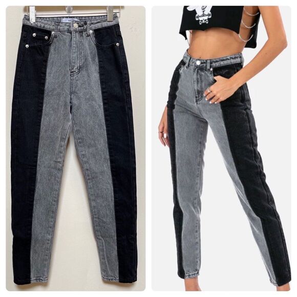 Adika Denim - Adika New Nori Color Block Black Gray Mom High Rise Crop Jean Size XS